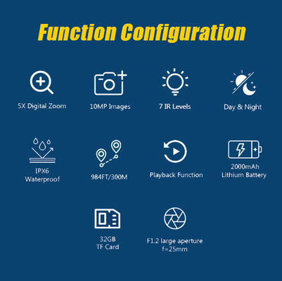 야간 시력 • 고해상도 디스플레이 화면 • 장거리 시력 • 내구성 있고 견고한 디자인, 야외 사용에 적합 • 조작이 쉬운 컨트롤 • 재충전 배터리
